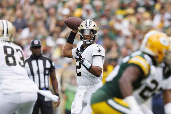 Sept. 24, 2023; New Orleans Saints quarterback Jameis Winston (2) throws a pass against the Green Bay Packers. Mandatory Credit: Jeff Hanisch-USA TODAY